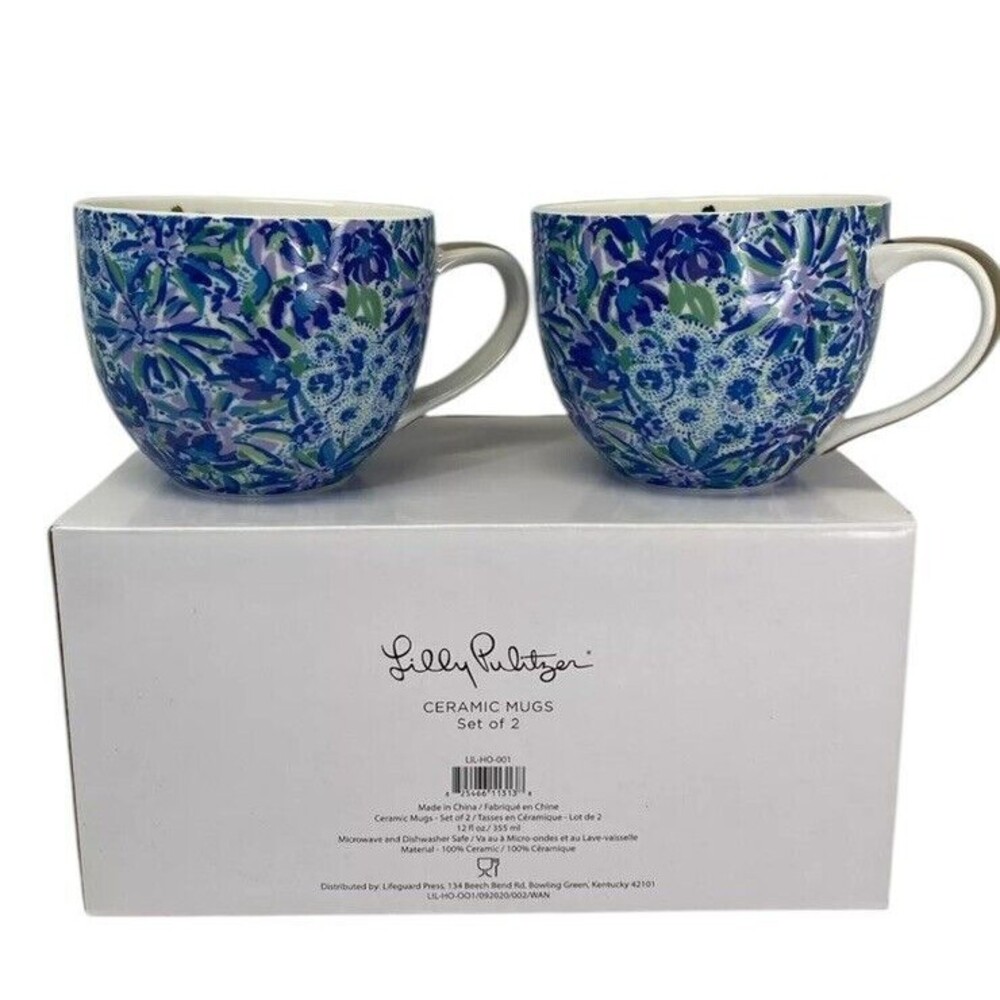 Lilly Pulitzer Set of 2 Ceramic Coffee Mugs Blue Floral 12 oz Gold Handle New